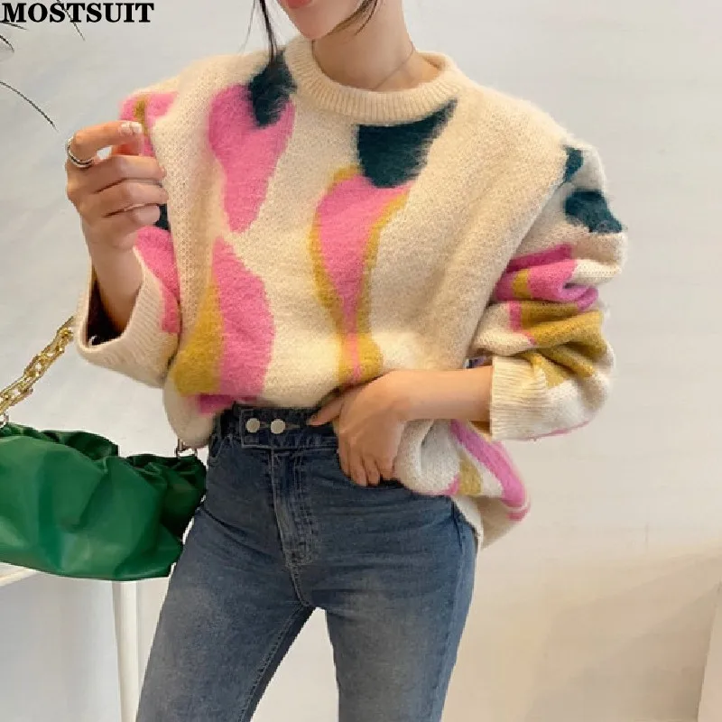 

Korean Chic Stylish Loose Sweater Tops Women Color-blocked Long Sleeve O-neck Pullovers 2024 Autumn Thicken Fashion Ladies Jumpe