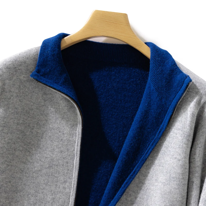 Autumn Winter New Thickened Cashmere Coat Men's Front and Back Standing Neck Zipper Cardigan 100% Merion Wool Knitted Jacket Top 5