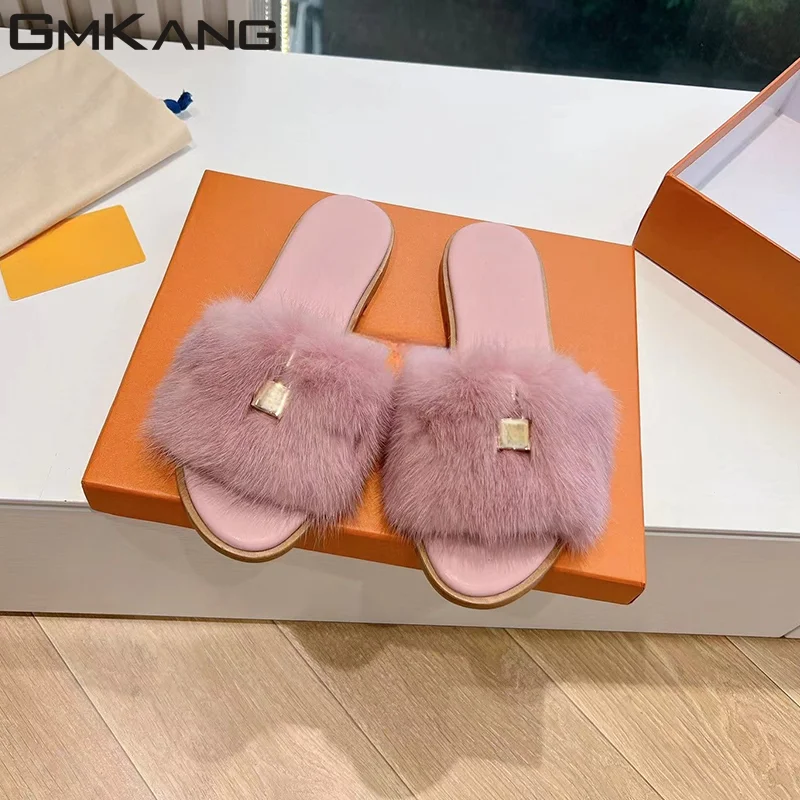 

High quality mink hair slippers women's round toe comfortable slippers neutral fur mule flat shoes autumn half slippers women's