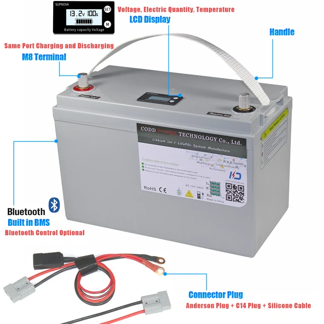 LiFePo4バッテリーbms,防水ケース,液晶画面,12V, 100Ah, 200Ah 