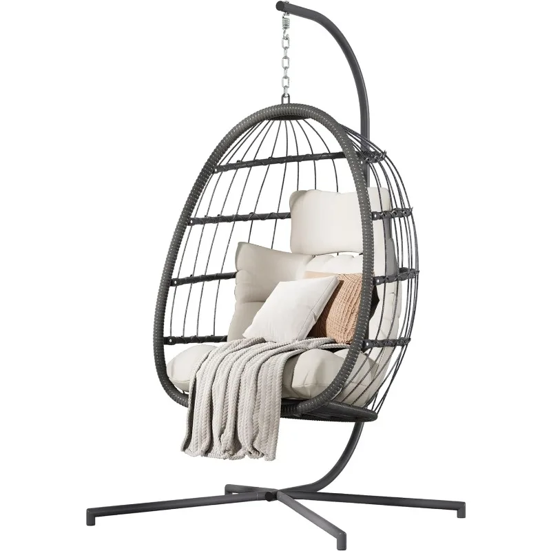 

Hanging Egg Chair with Stand, Patio Wicker Egg Swing Chair with Cushion for Bedroom Garden Indoor Outdoor (Beige)