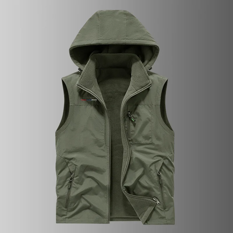 Veste polaire capuche homme double face nylon épais chaude pêche extérieur automne hiver
