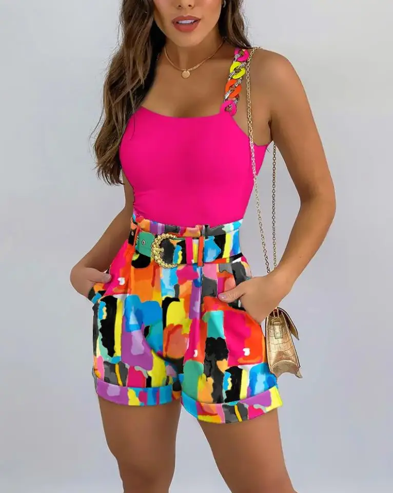 Chain Strap Design Shorts Sets Summer 2023 Y2K New Square Neck Sleeveless Tank Top & Colorblock Shorts Set with Belt for Woman two piece set women casual snap button pocket design square neck sleeveless cami top and drawstring zipper design shorts set