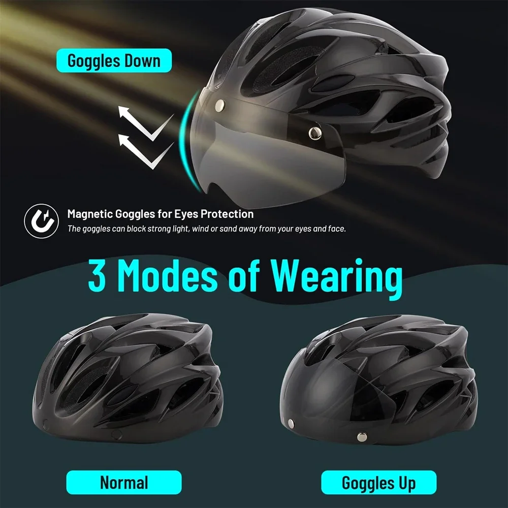 Bike Helmet with Light & Detachable Magnetic Goggles UV Protective, Bicycle Helmet Mountain Road Adjustable Adult Cycling