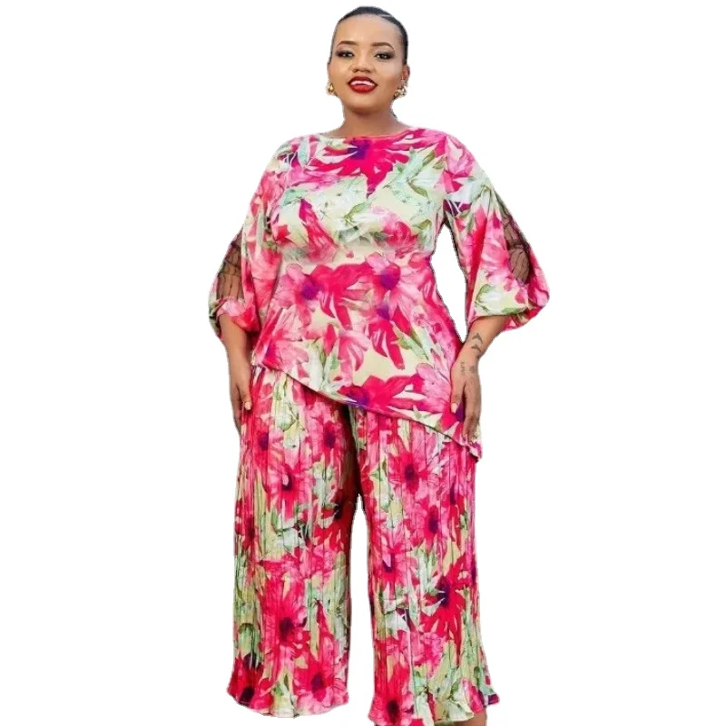 

2024 одежда в африканском стиле для женщин, весенние элегантные комплекты из полиэстера с рукавом 3/4, топ с принтом и плиссированные брюки, африканская одежда Дашики