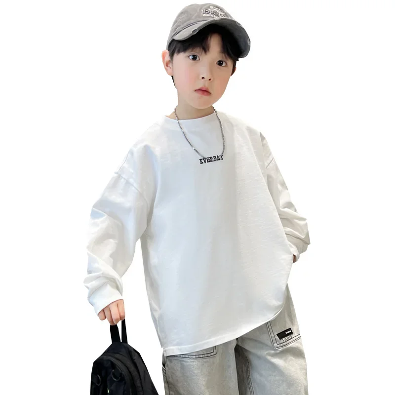 Boys' Casual Fashionable Long Sleeve Loose T-Shirt Overhead Trendy Solid Color Middle And Large Children's Clothing