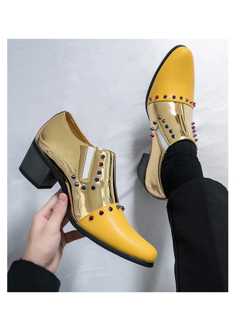 Stilvolle Herren-Kleiderschuhe mit Nieten, Übergröße 46, Slip-On-Leder, formelle Herrenschuhe, goldene Hochzeitsschuhe mit hohen Absätzen, Herren-Chaussure-M hommes – Detail 5