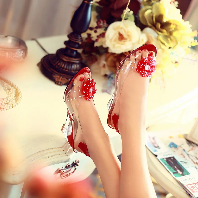 

туфли женские Studded Flower Design Transparent Sandals Peep Toe Heels Sandals Wedding Party Shoes For Women Platform Sandals