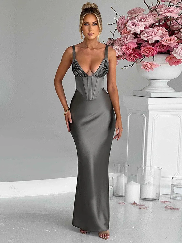 

Sexy Deep V-neck Women's Solid Sling Dress Summer Female Elegant Sleeveless Bodycon Satin Dresses Lady Chic Evening Dress