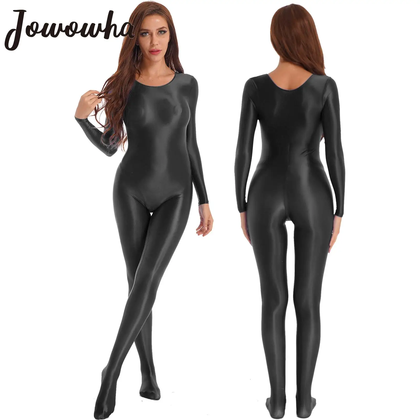 Sexy Jumpsuits Women Full Body Long Sleeve Footed Clubwear High Elastic  Bodysuits See Through Silky Shiny Glossy Rompers