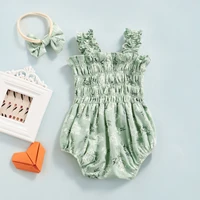 Infant Baby Girl's Sleeveless Jumpsuit Floral Print Elastic Bust Shoulder Straps Romper Bow Headband 6