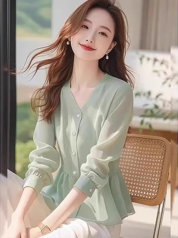 Sli een irt Women's Ele Cover-Up Spring 2026 New Faion High-End Korean Sle V-Ne Long Sve Casual irt