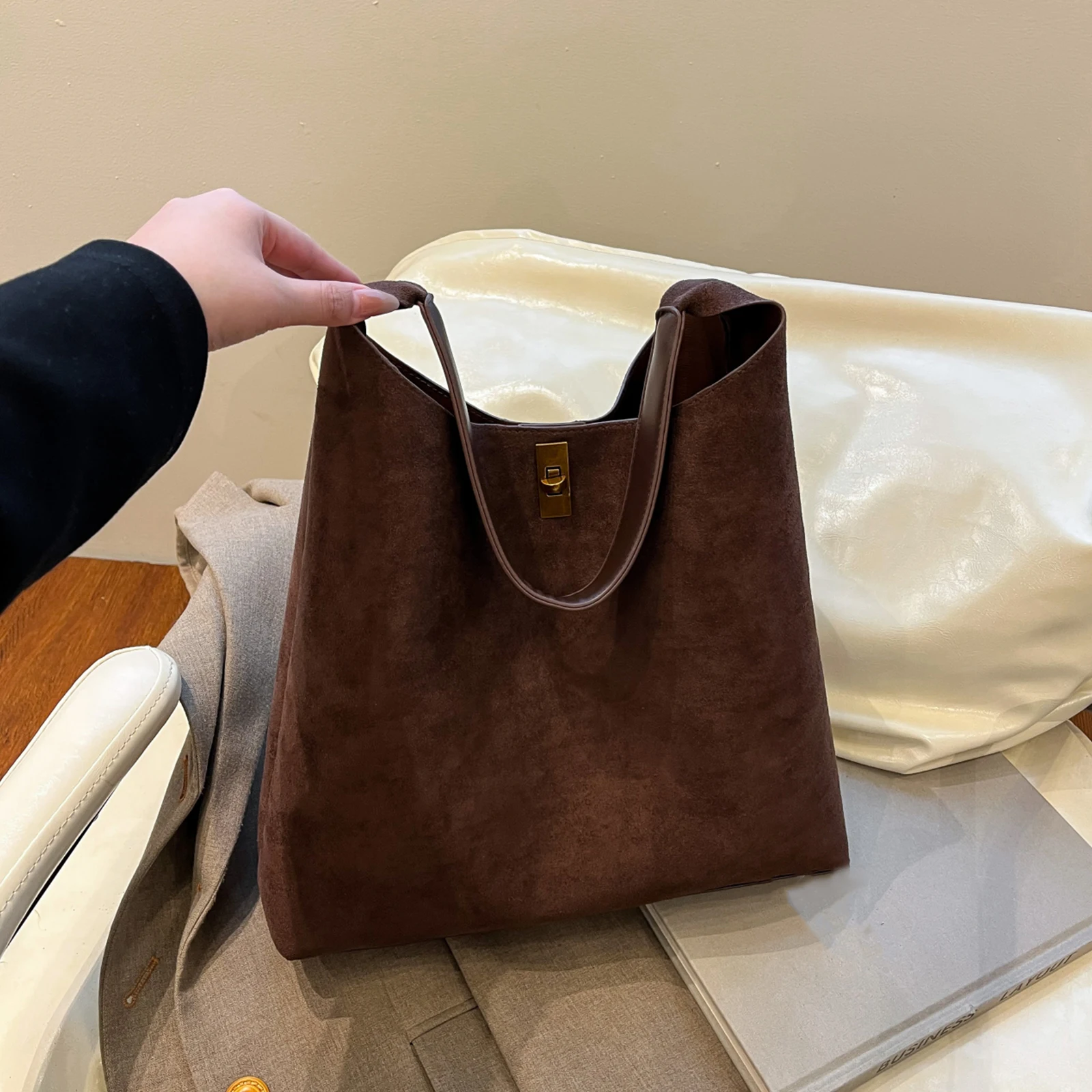 Women Faux Suede Shoulder Bag Handbag Top-Handle Bag Large Capacity for Travel Shopping Daily Use