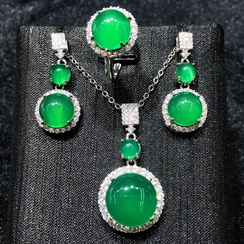 

Винтажный набор ювелирных изделий из золота 14 к с нефритом и бриллиантами, свадебные кольца и серьги, ожерелье для женщин, свадебные комплекты, обручальные украшения