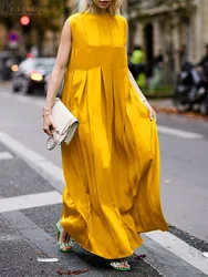 ZANZEA 2023 Summer Fashion Vestidos Women Pleated Maxi Dress Casual Round Neck Sleeveless Inverted Pleats Streetwear Long Robes