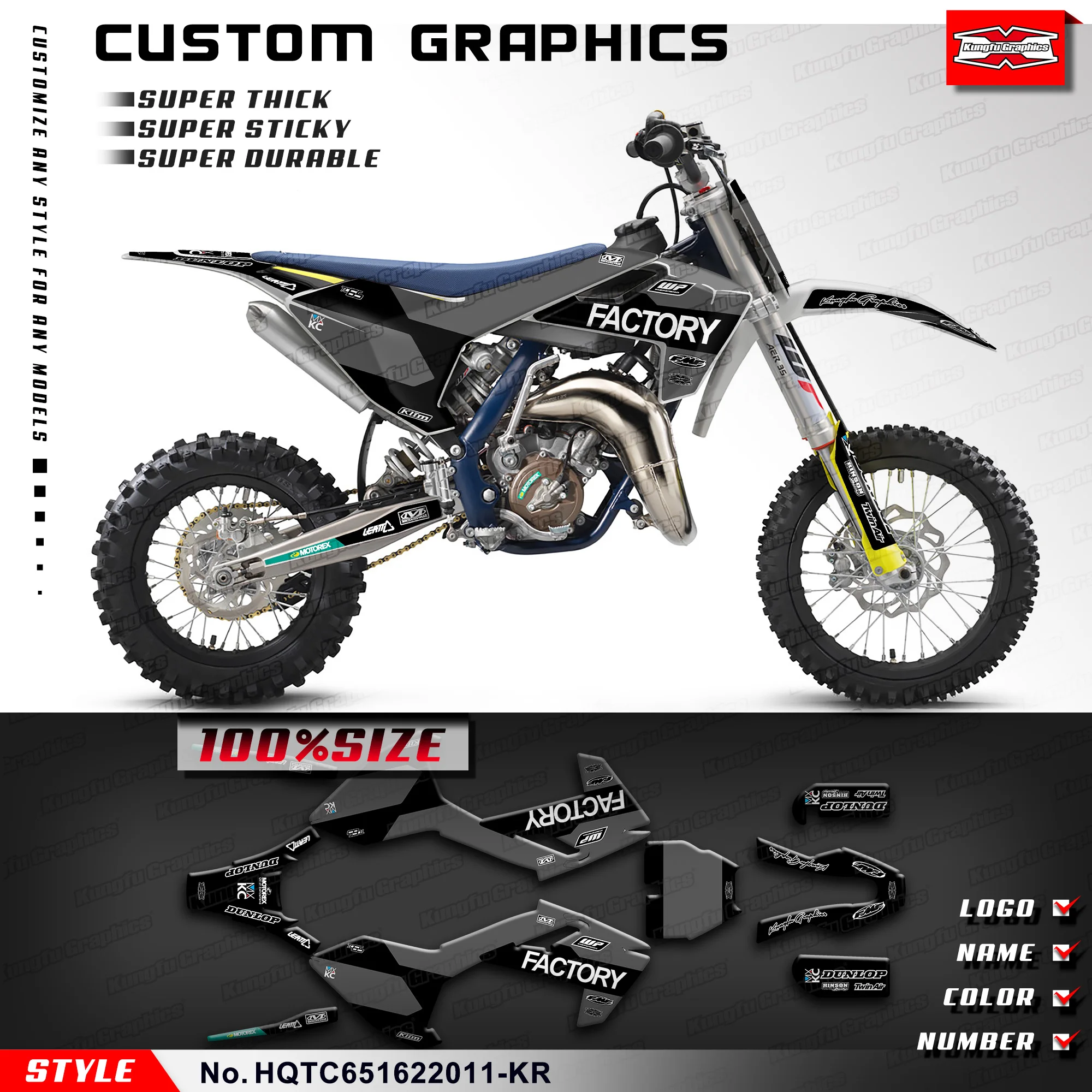 

Графика KUNGFU стикеры мотокросса MX гоночный Набор наклеек для Husqvarna TC65 TC 65 2016-2023, HQTC651622011-KR