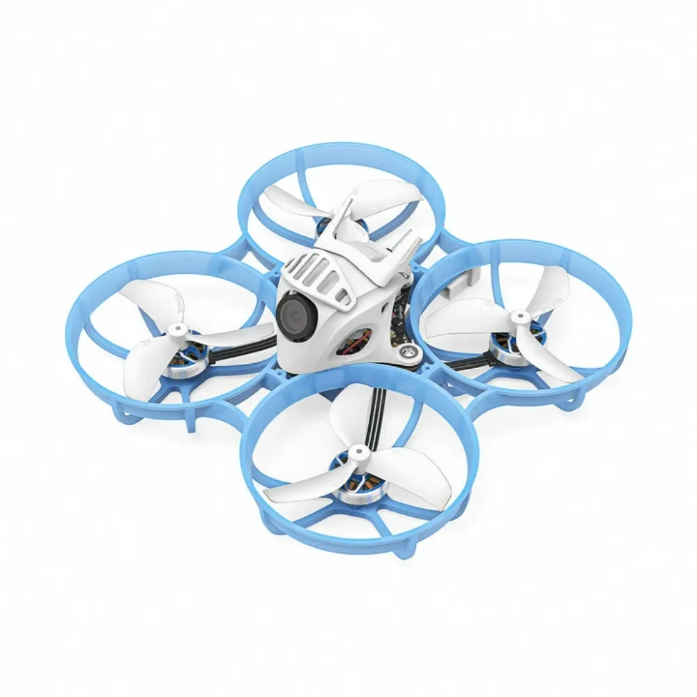 Drone FPV Whoop Performant pour Course et Freestyle en vol, avec flou d'arrière-plan dynamique.