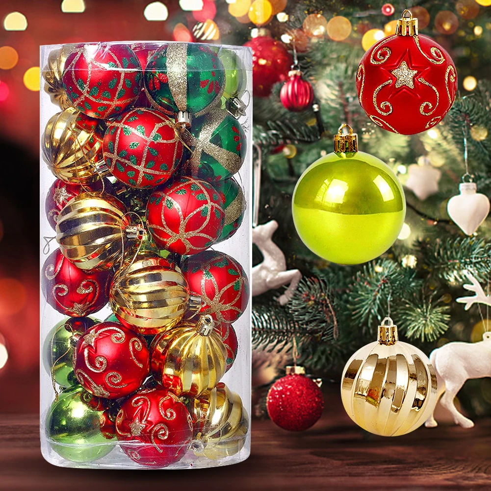 30Pcs Christmas Hanging Pendants Plastic 2.36 Inch Xmas Tree Baubles Set Shatterproof Xmas Decorative Balls for Indoor Outdoor
