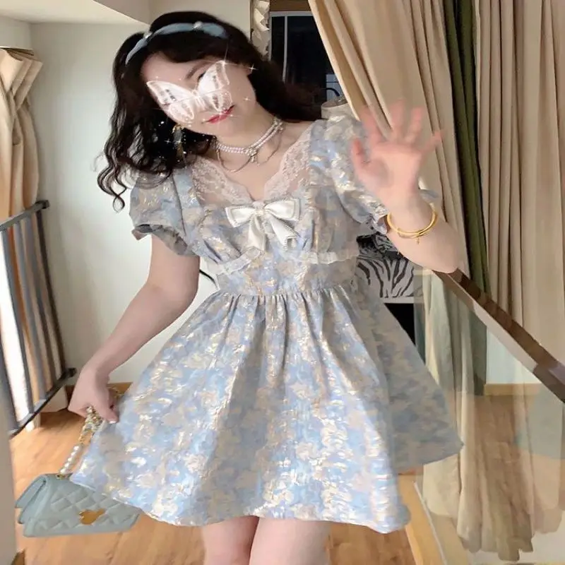 

2023 New Spring Dressed Girl Puff Sleeve Princess French Superimmortal Qi Mori System Bow Waist Retraction Fairy Free Shipping