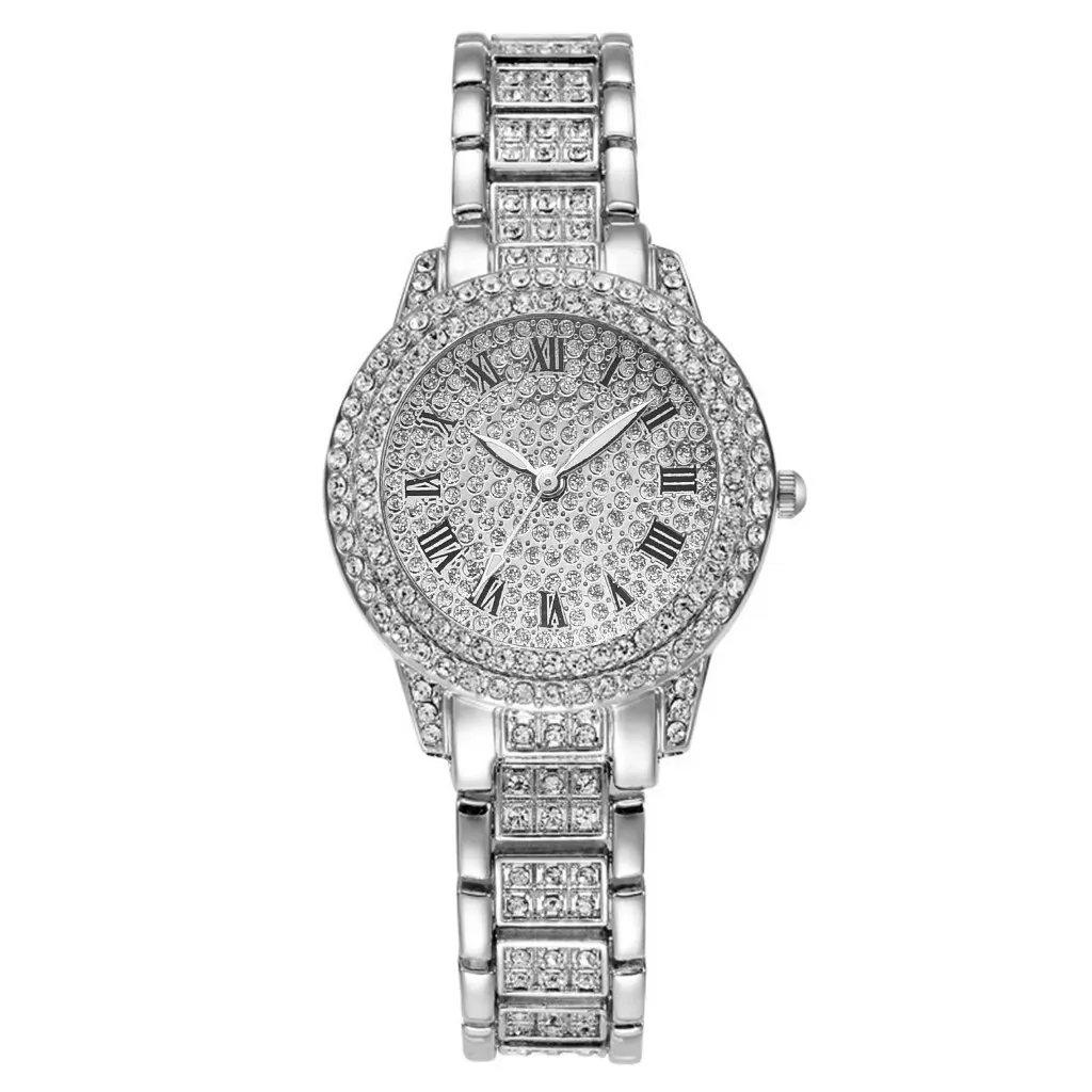 1 Female Silver Alloy With Charming Four Shot Rhinestone Embellishment Circular Dial Quartz Watch And 1 Love Decoration 5