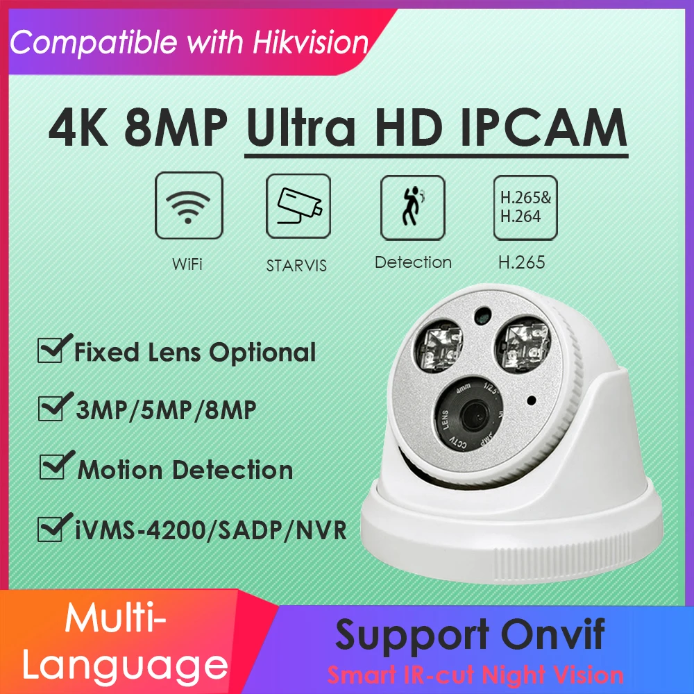Беспроводная купольная IP-камера IMX415 с Wi-Fi 4K 8 Мп Hikvision совместимая ИК-датчиком
