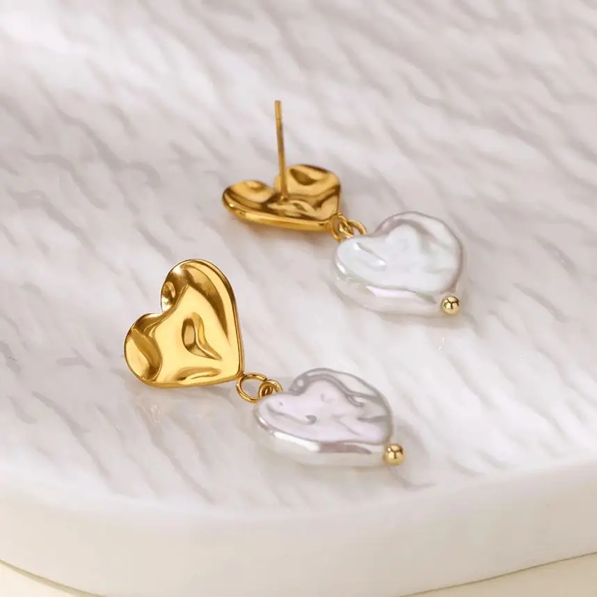 Stainless Steel Heart Pearl Drop Earrings for Women