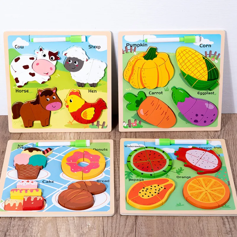 

Children's Wooden Cartoon 3D Puzzle Drawing Board Kids Early Education Set Hand-eye Coordination Toys Montessori Toys