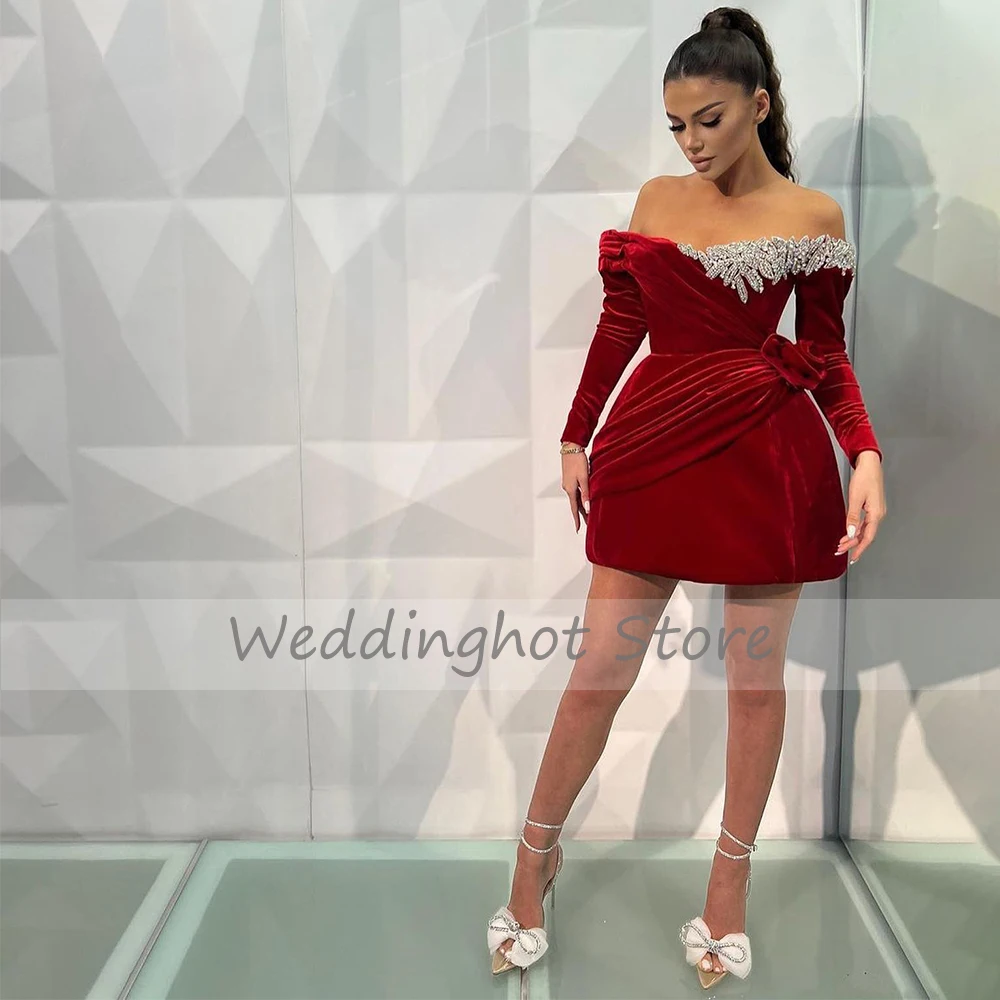 Red Velvet Cocktail Dress cocktail dress Mini Off the Shoulder Long Sleeves Gown Short Sparkle Crystal A Line Sexy Birthday Party