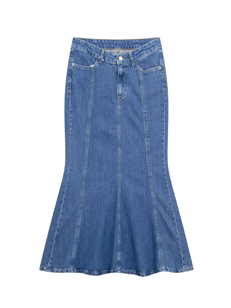 

HH TRAF Spring Fishtail Denim Pencil Skirt for Woman Fashion Slim Fit High Waist Midi Mermaid Skirts Female Causal Jean Skirt