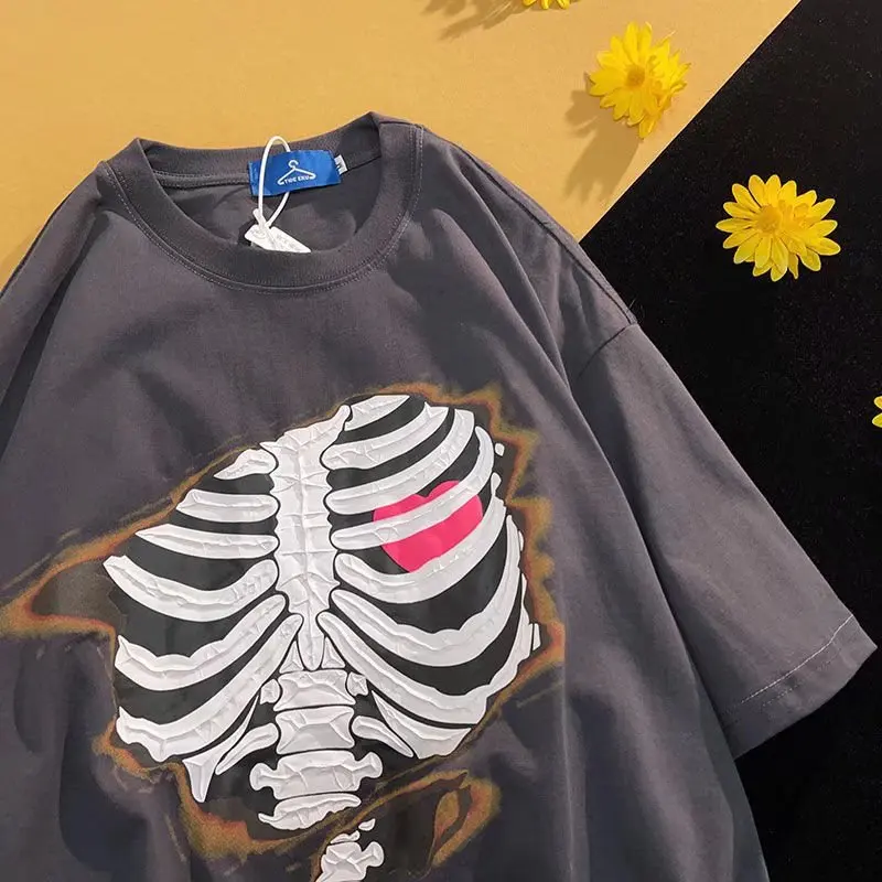 

T-shirt Dark Skull Bones Heart and Lung Print Short Sleeve t-shirt Streetwear Harajuku Oversized Clothes Top Hip Hop Punk y2k