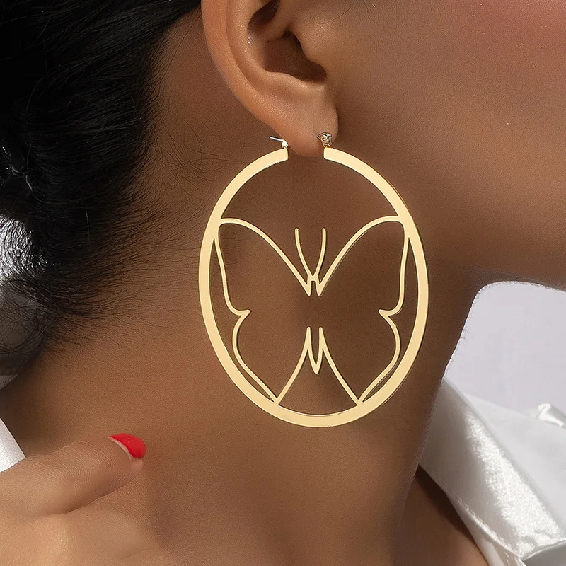 

Simple Exaggerated Hollow Big Butterfly Earrings for Women Korean Elegant Animal Geometric Round Hoop Earrings Christmas Jewelry