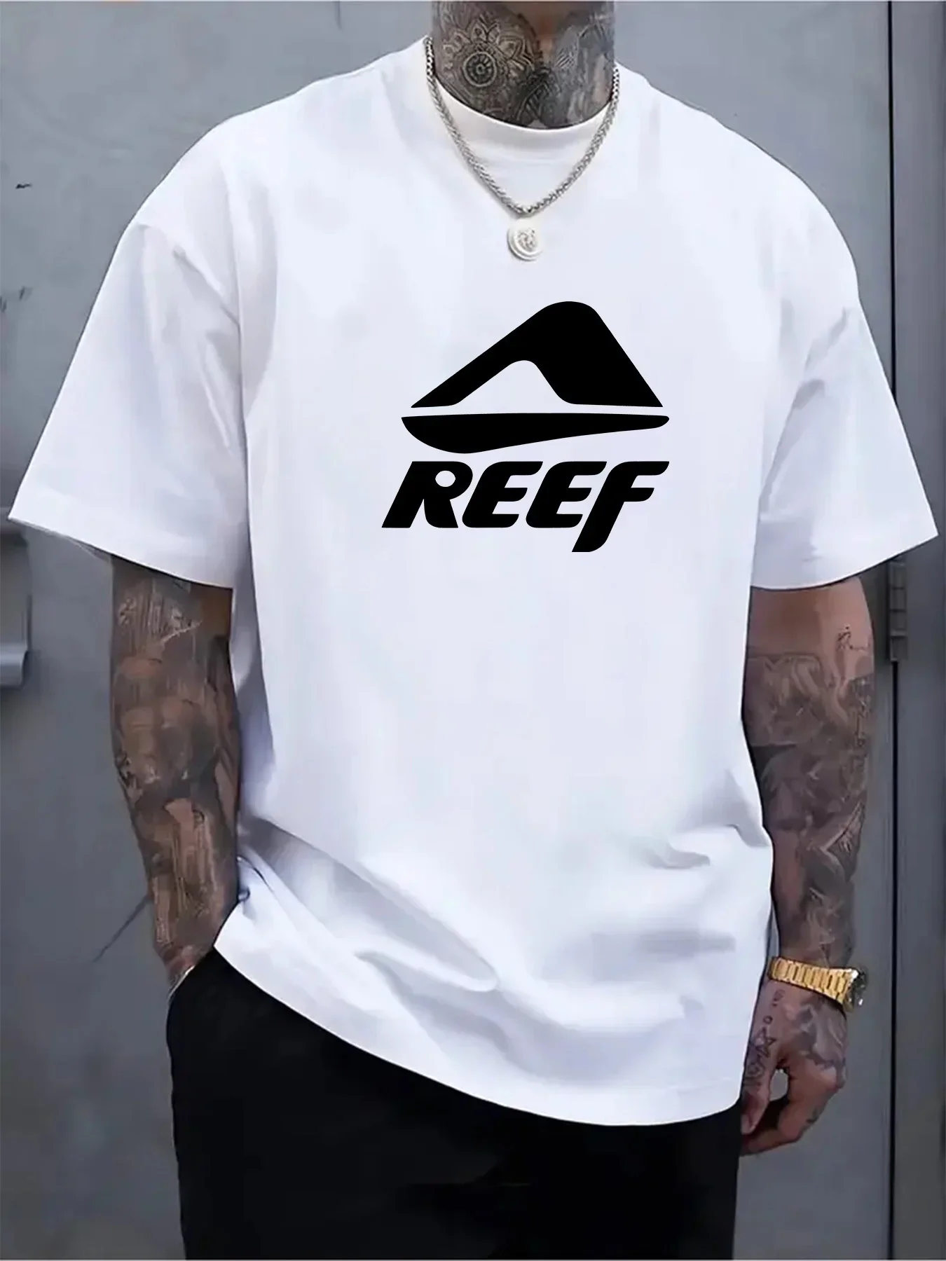 T-shirt Décontracté pour Hommes en Pur Coton avec Motif Géométrique et Lettre REEF