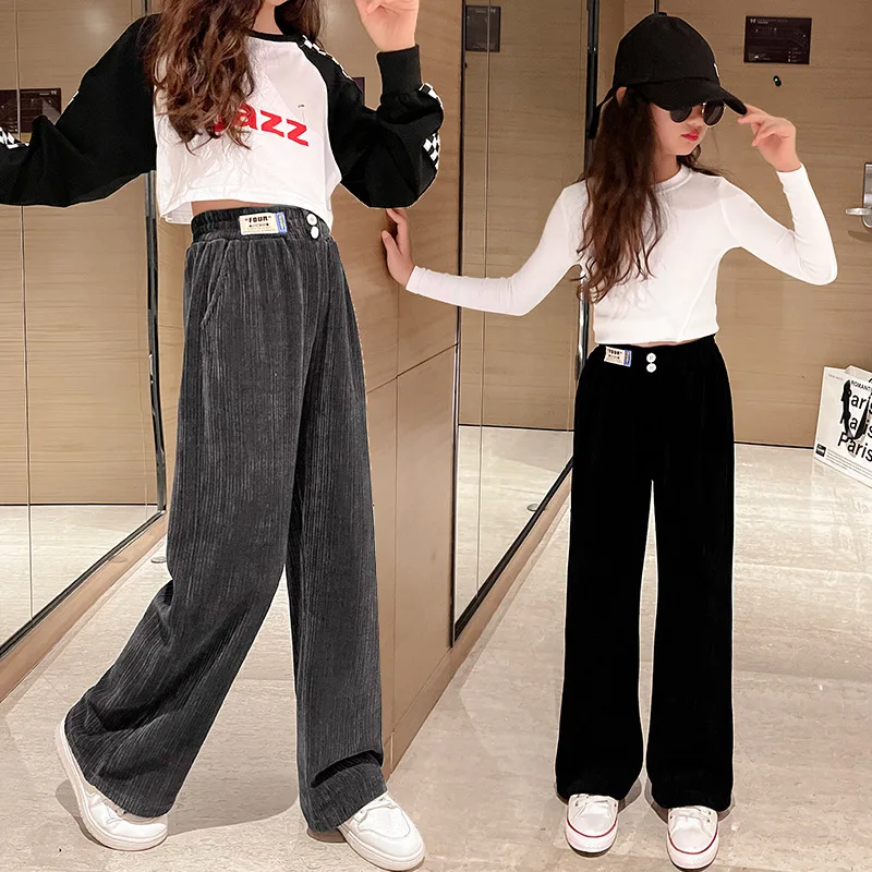Children\'s Pants 2024 Spring Autumn Teen Girls Wide Leg Pants Kids Clothing Casual Loose Girls Chenille Trousers