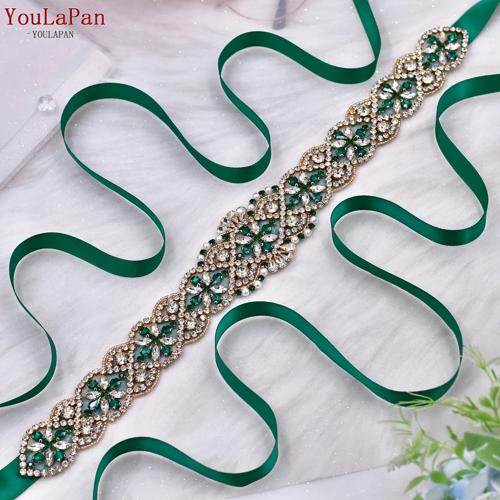 

YouLaPan Green Rhinestone Bridal Belt Bridesmaid Dresses Party Woman Bridal Sash Belt Evening Dress Wedding Accessories S161B