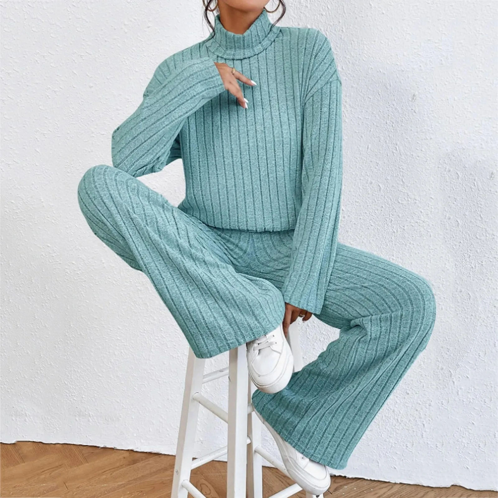 

Turtleneck Sweater Tops With Pants 2 Piece Set Women Knitted Casual Warm Fashion Sweaters Soft Long Sleeve Pullover Streetwear