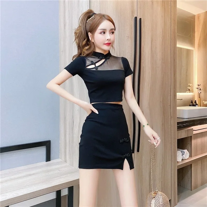 

Women Retro Cheongsam Tops High Waist Mini Skirt Fashion Suit For Women Qipao Party Club Oriental Dress Set Short Skirts 12546