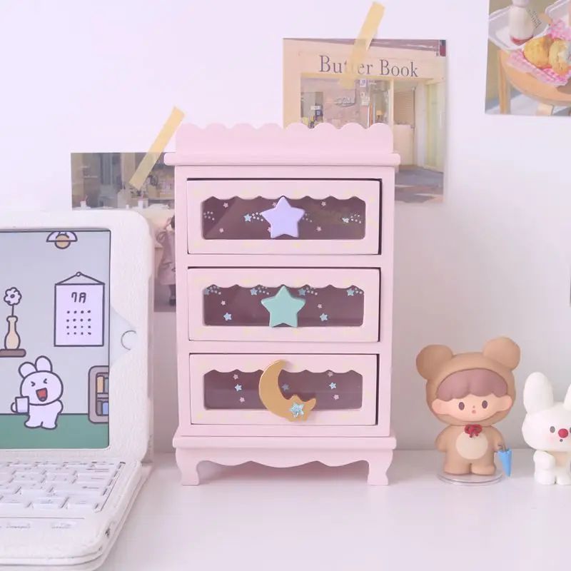 

Pink Star Three-layer Drawer Jewelry Storage Box Desktop Stationery Cosmetics Desktop Ornaments Photo Background Ornaments