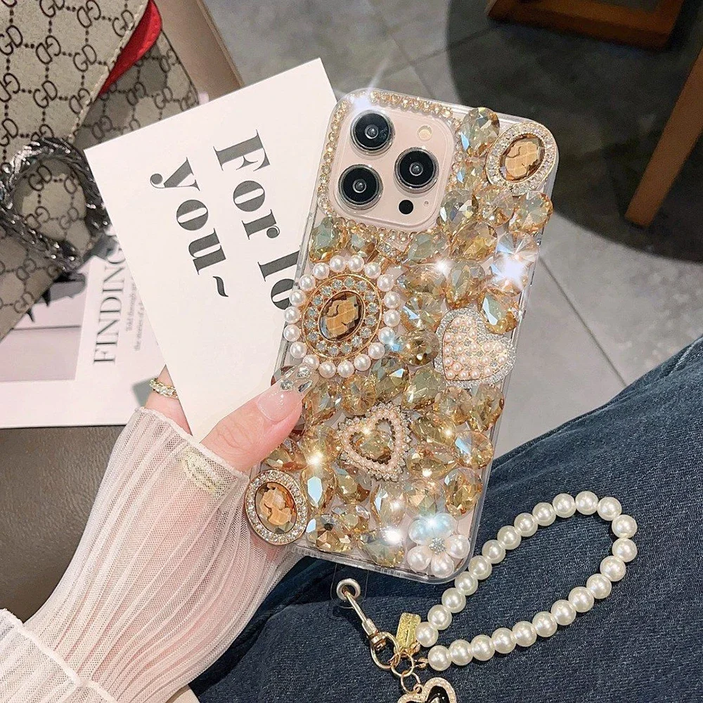 Goddess Portrait Case for Samsung Galaxy, Rhinestone Crystal, Love Heart Cover, S24, S20 FE, S22, 23Ultra, Note20, Pearl Diamond