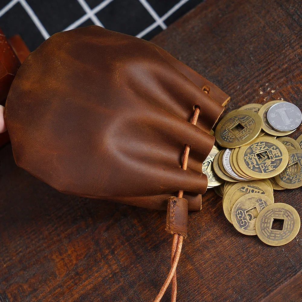 Moterm Original Handmade Genuine Leather Unisex Coin Purse Cow Leather Coins Money Pocket Retro Wallet Drawstring Storage Bag