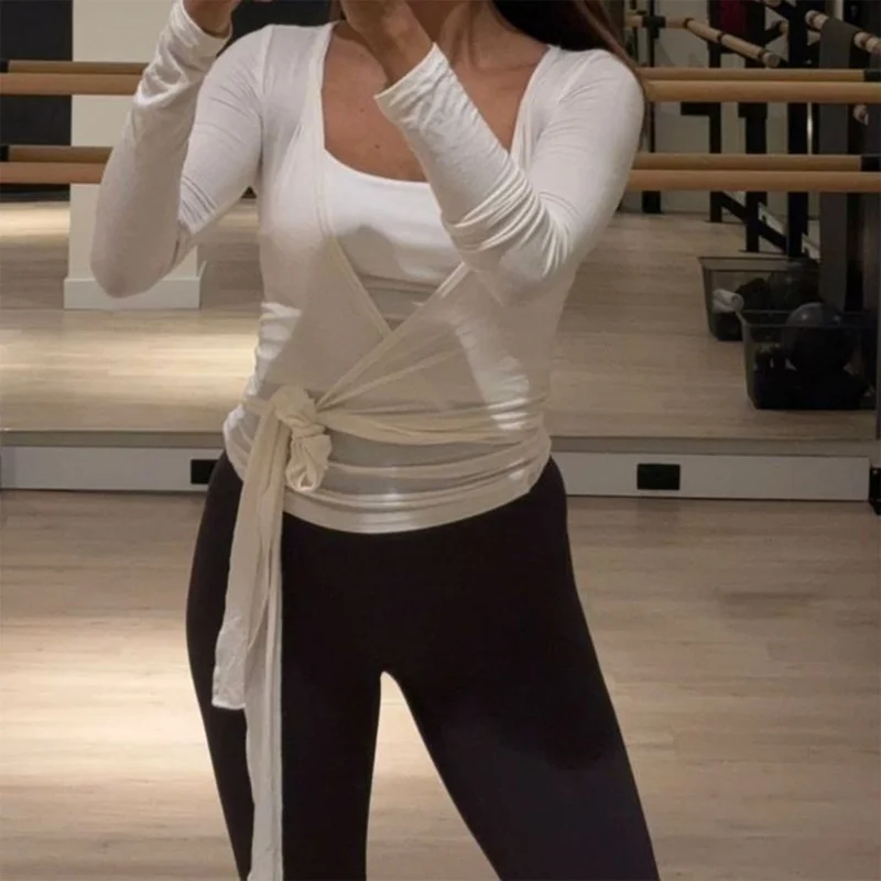 Women's Yoga Shirts Wrap Ruched Tie Front Long Sleeve Workout T Shirts Sexy Deep V Neck Slim Fit Casual Cropped Top 5