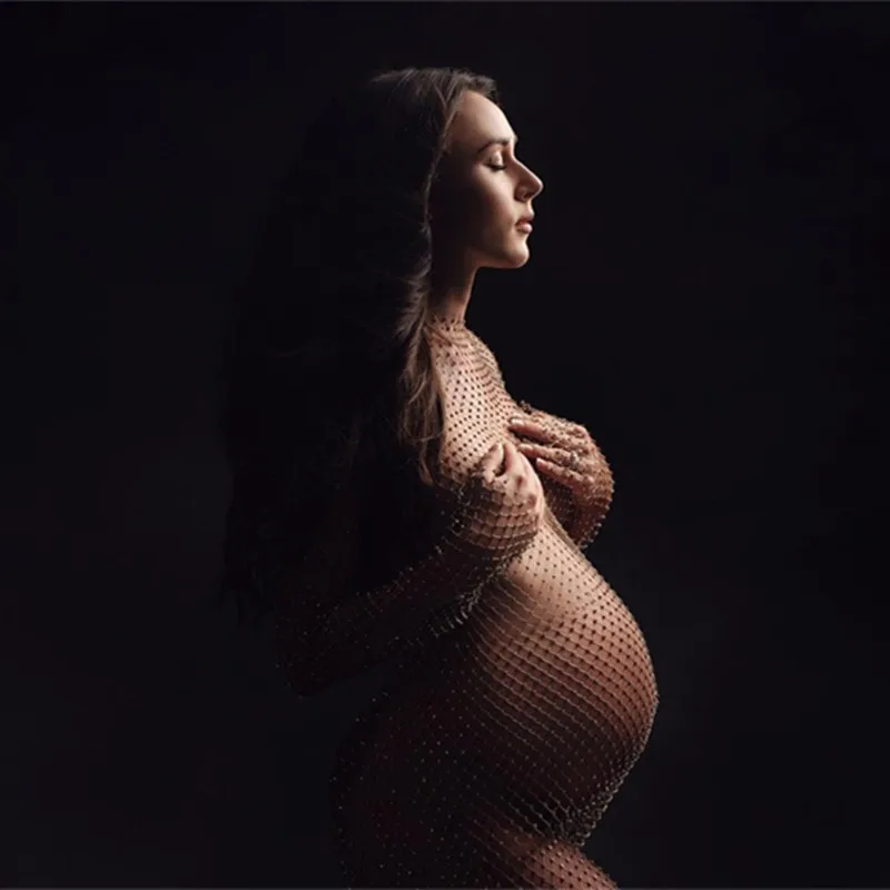 

Maternity Photography Dresses Bikini Crystal Cover-up Sexy Mesh Rhinestone Dress Pregnant Sleeveless Bodysuit Pregnancy Women