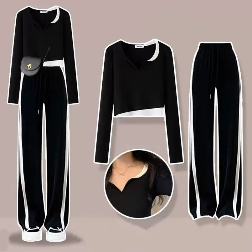 Set Women's 2023 Spring Irregular Long Sleeve Slim Fit Top Fashion Wide Leg Pants Casual Sports Women's Two Piece Set