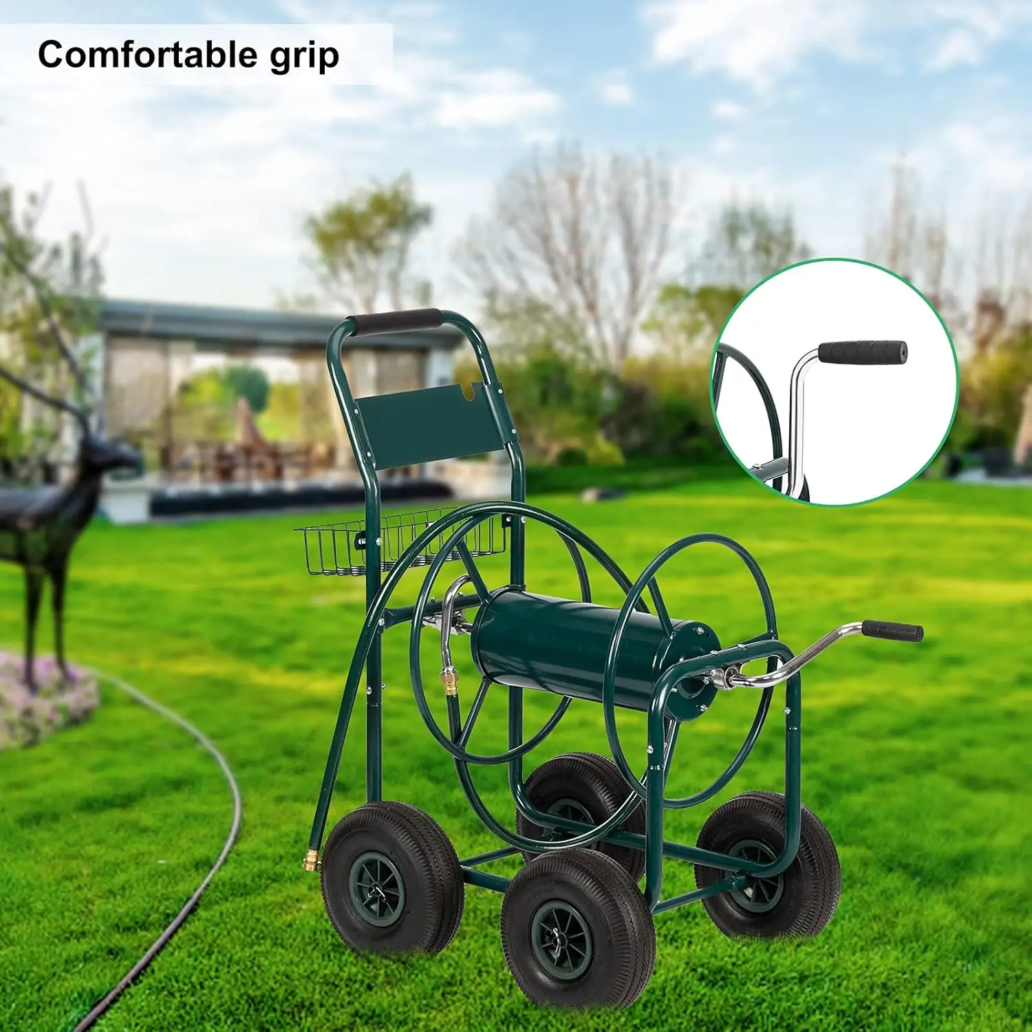 Hose Reel Cart, Hold Up to 300 ft of 5/8’’ Hose，Garden Water Hose Cart with 4 Wheels, Heavy Duty Powder