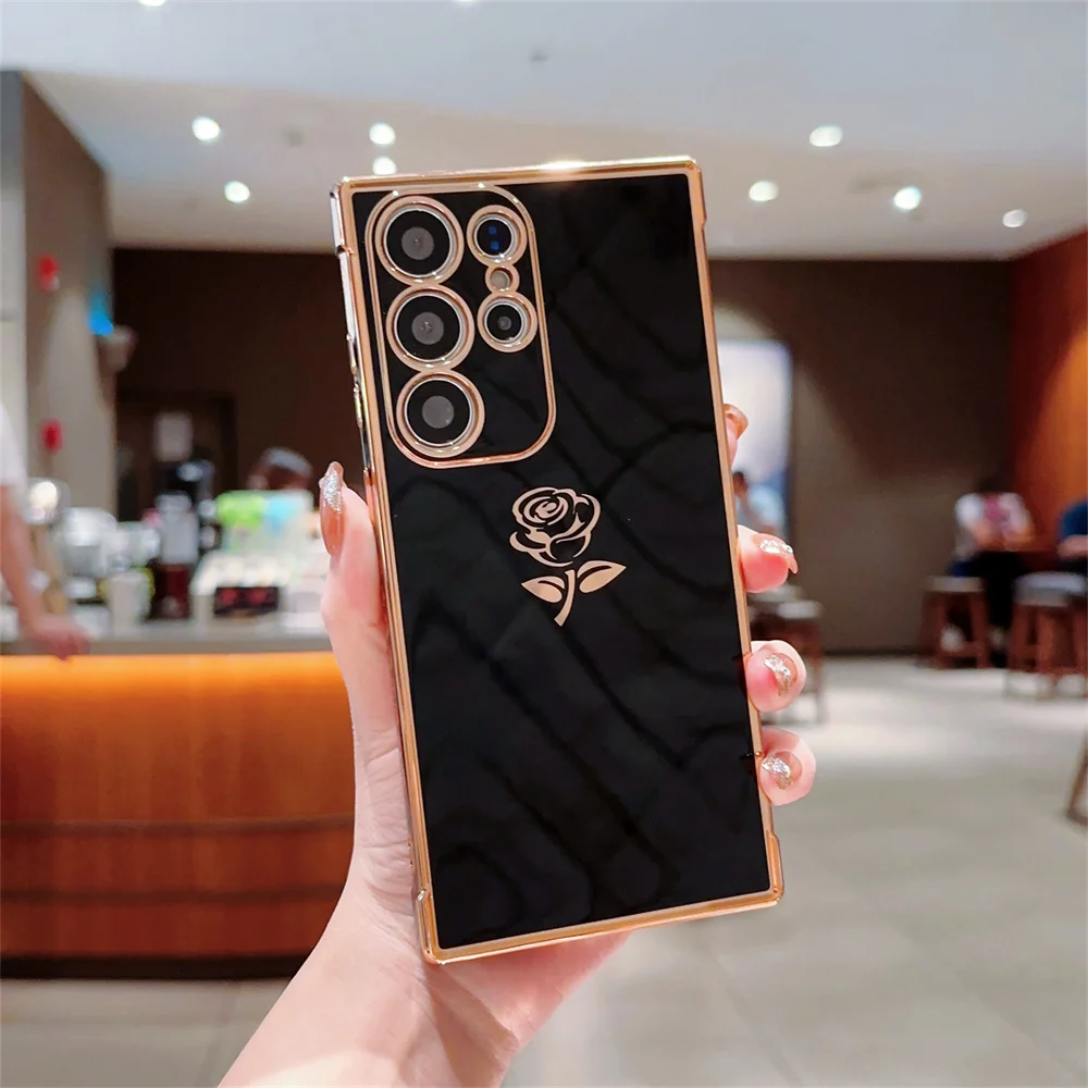 Cute Side Rose Flower Plating Case For Samsung Galaxy S23 S22 S21 Ultra Plus S20 FE A54 A34 A14 A53 A23 A24 5G Bumper Soft Cover- S51a0eb0de0f14ceb8c0a511335ffb584A