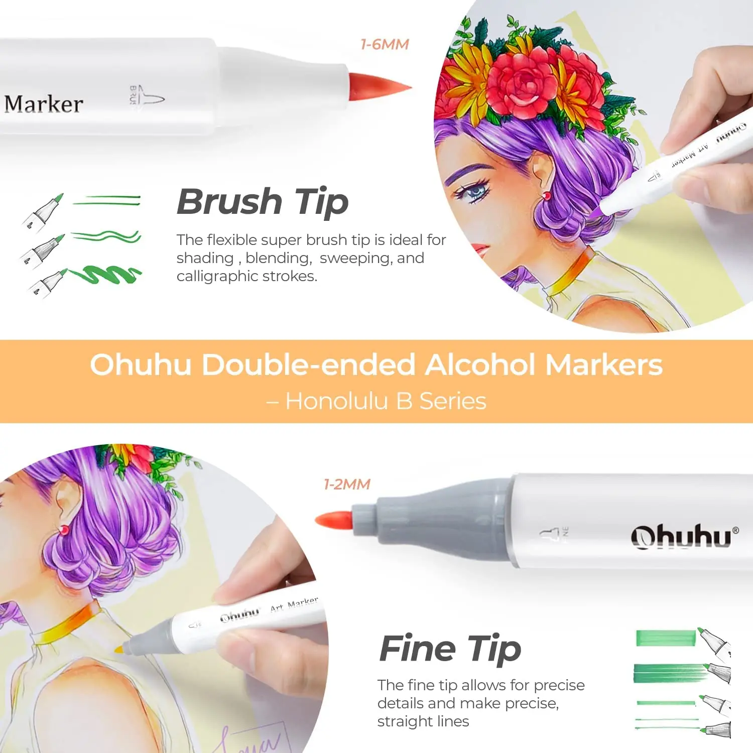 Ohuhu Oahu 200 Colors Dual Tips Alcohol Art Markers,Fine&Chisel