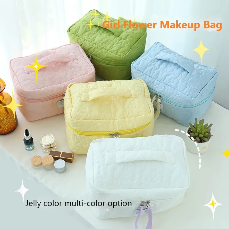 

Small Large Flower Quilting Cloth Makeup Bag Women Cosmetic Organizer Female Storage Handbag Box Shape Toiletry Case for Girl