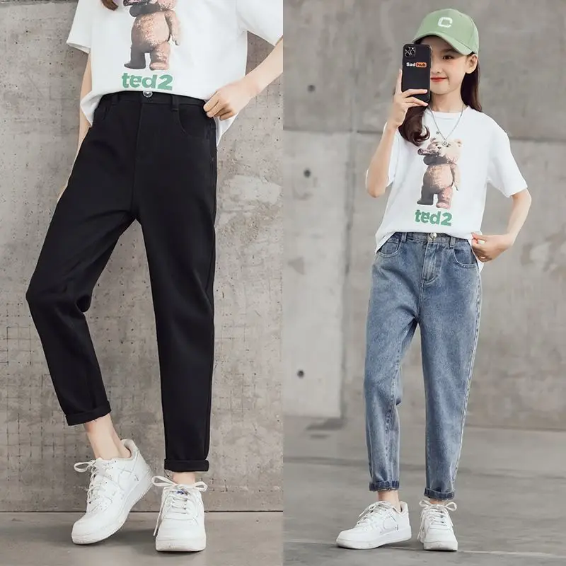 여아 청바지 봄 가을 패션 롱 캐주얼 팬츠 중대형 아동 야외복 가을옷 와이드 레그 팬츠 미드 웨이스트