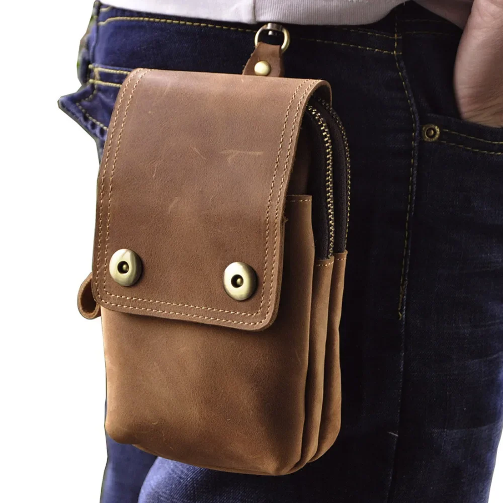 

Men Waist Pack Hook Fanny Bag Genuine Leather Vintage Travel Cell/Mobile Phone Case Crazy Horse Cowhide Rivets Male Belt Bum Bag