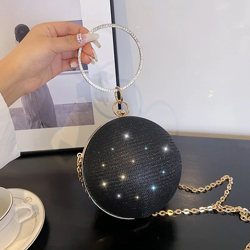 Gold Bright Silk Circular Evening Bag Women Banquet Clutch Rhinestone Decor Chain Shoulder Bags Luxury Female Party 만찬 가방