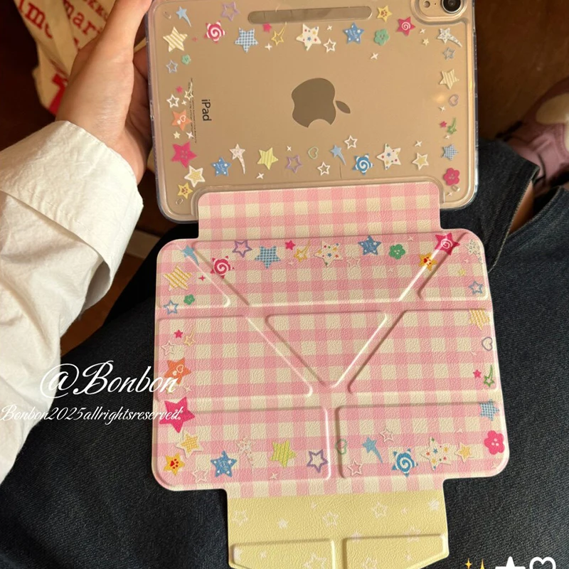 Pink & White Grid Pattern with Colorful Stars Tablet Case Cover